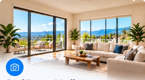 Bright residential living room with expansive windows